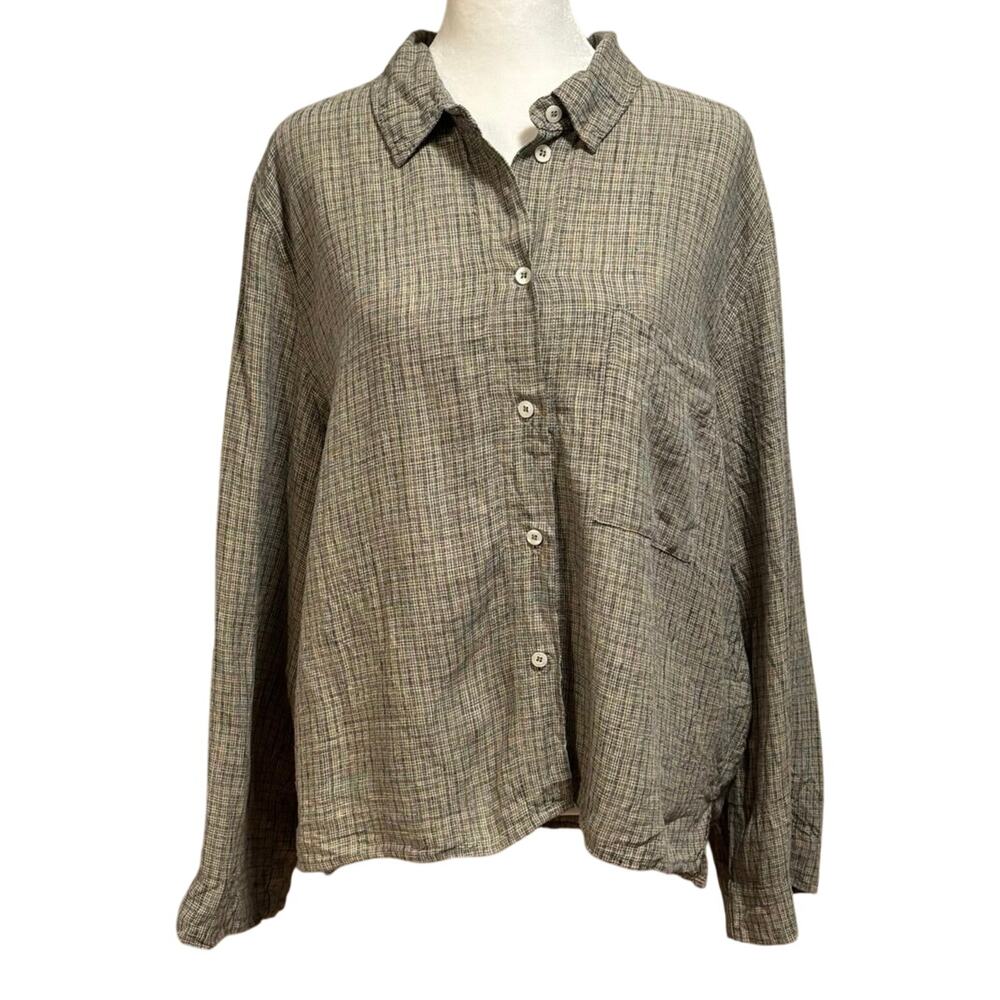 Deiji Studios Women’s Size M L Button Up Shirt Top 100% Linen Micro Plaid
